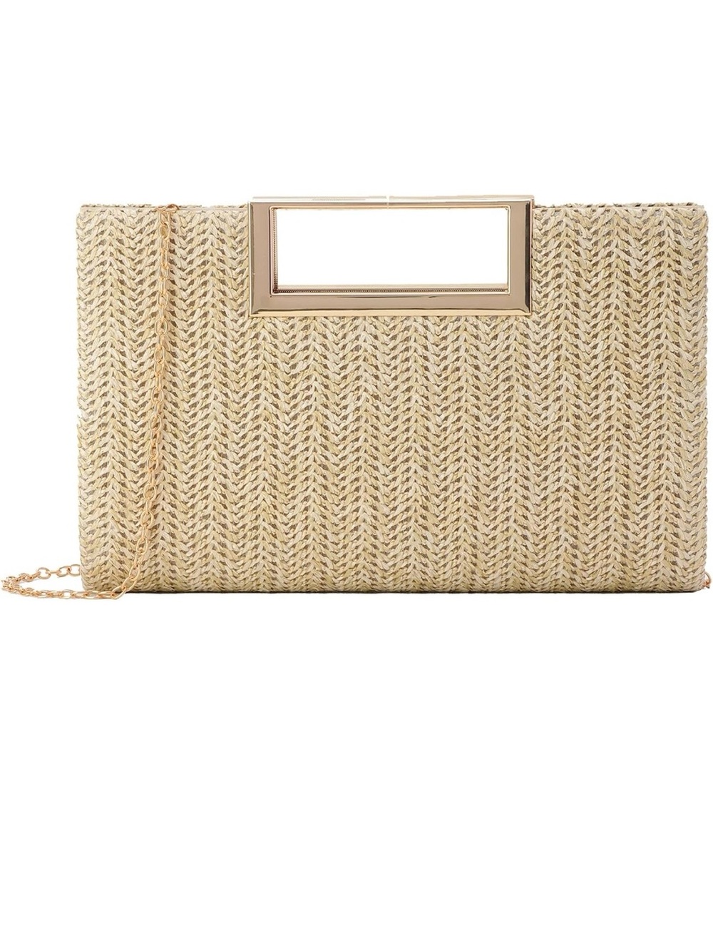 Woven Metallic Clutch with Rectangular Handle in Gold
